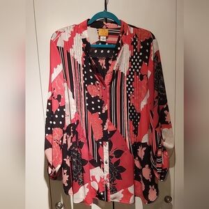Ruby Rd. Pintuck Floral V-neck Red Black Pleated Button Up Blouse Tunic